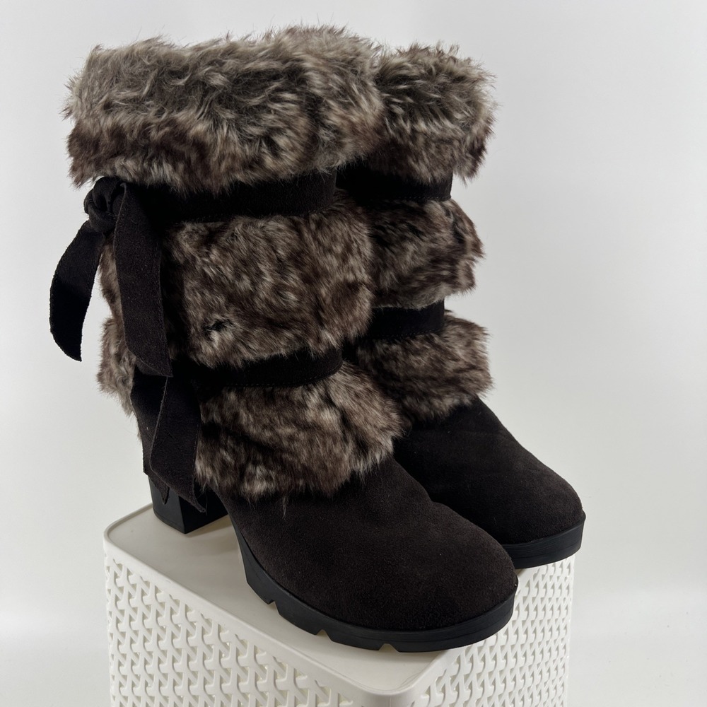 BEARPAW Bridget Suede Wool Faux Fur Block Heel Boots Chocolate Size 10